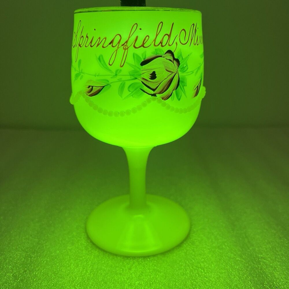 Uranium Vaseline Custard Souvenir Glass Goblet Cup 6” Springfield Minn EAPG